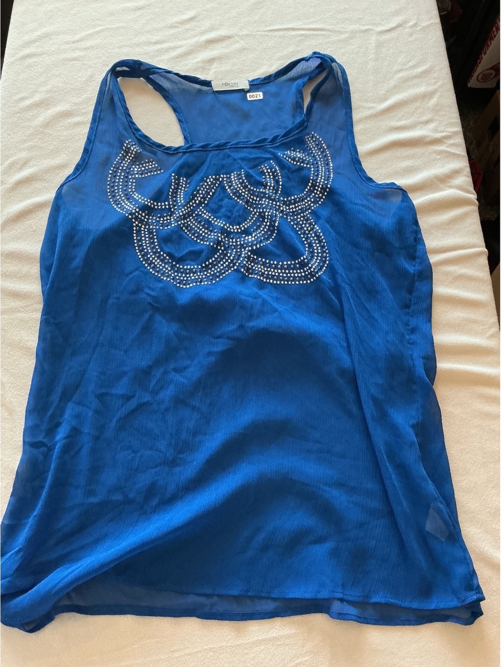 Poetry blue racerback tank top with beaded neckline
